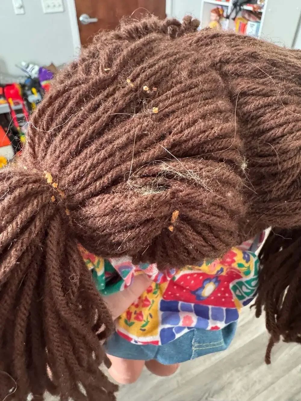 Vintage Cabbage Patch Kids Doll with Brown Yarn Hair and Quilted Patchwork Outfi